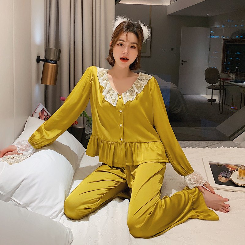 Pijama lụa tiểu thư phối bèo cao cấp, đồ ngủ lụa ,đồ ngủ pijama-PJ494.