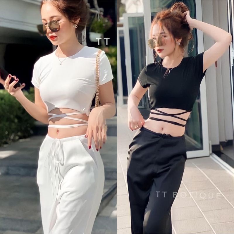 Áo thun đan dây chéo bụng xinh xắn