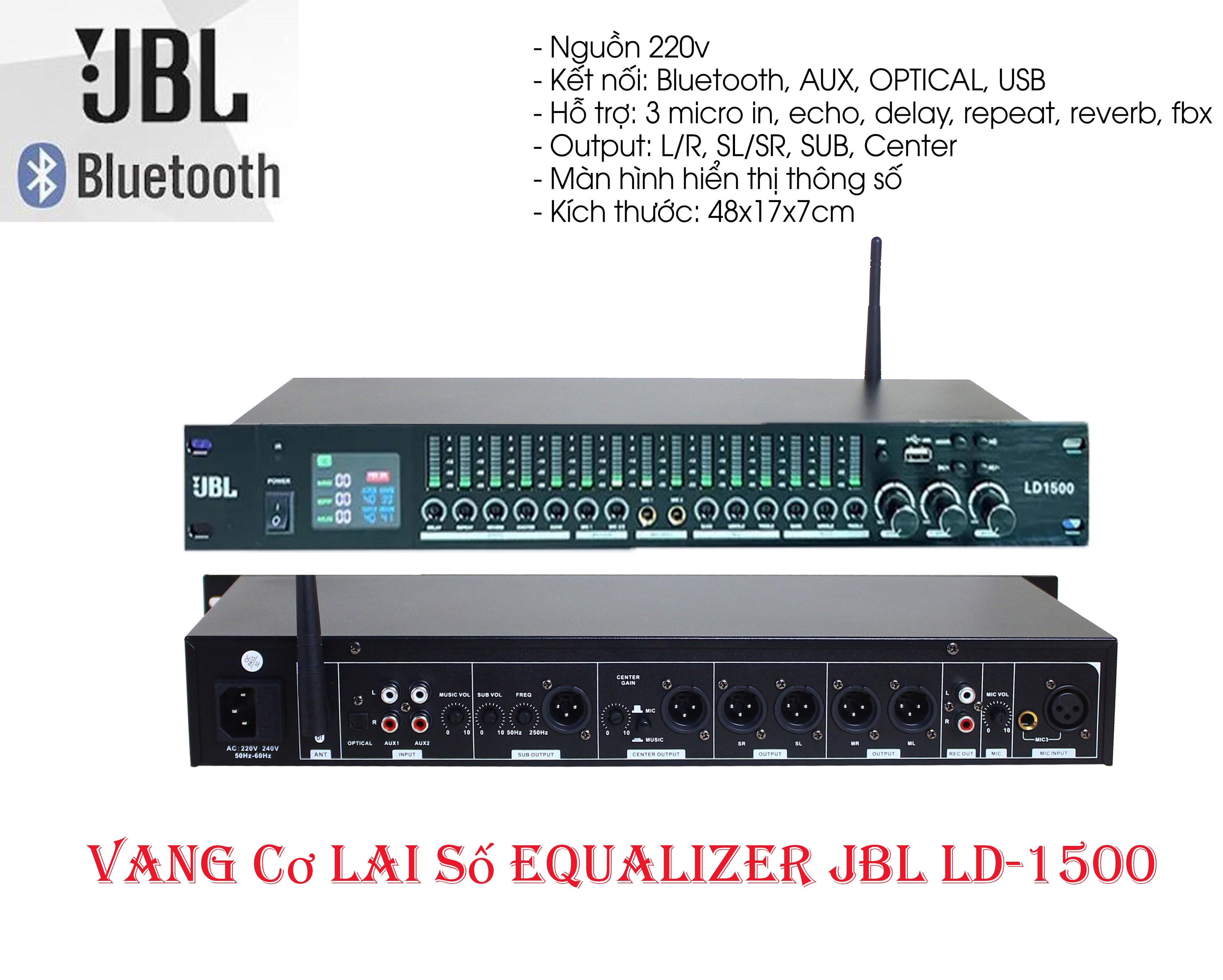 Vang cơ lai số equalizer jbl ld-1500 - vang cơ chuyên dụng cho các hệ thống âm thanh karaoke...tiếng vang ngọt ngào mền mại, chống hú tốt, kiểm soát độc lập tiếng vang và tiếng hồi echo, dễ dàng phối ghép cũng như kết nối