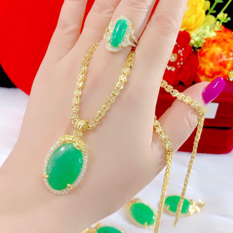 Set 1 dây chuyền 1 nhẫn nữ nữ cẩm thạch xanh mạ vàng 18k mẫu mới cực đẹp