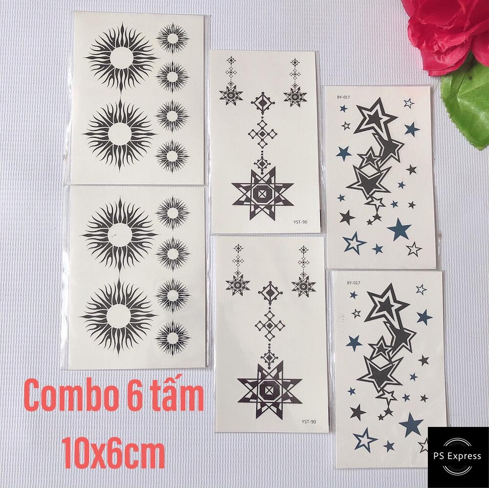 Combo 6 tấm hình xăm dán tattoo 10x6cm sao về sao dây và mặt trời
