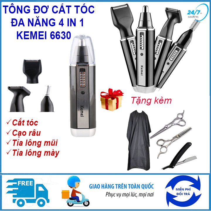 [Hàng chính hãng - Tặng kèm phụ kiện chuyên dụng] Tông đơ cắt tóc gia đình, người lớn, trẻ em đa năng 4 in 1 cắt tóc, cạo râu, tỉa lông mũi và tỉa lông mày, Tông đơ cắt tóc không dây chuyên nghiệp Kemei 6630, tăng đơ hớt tóc
