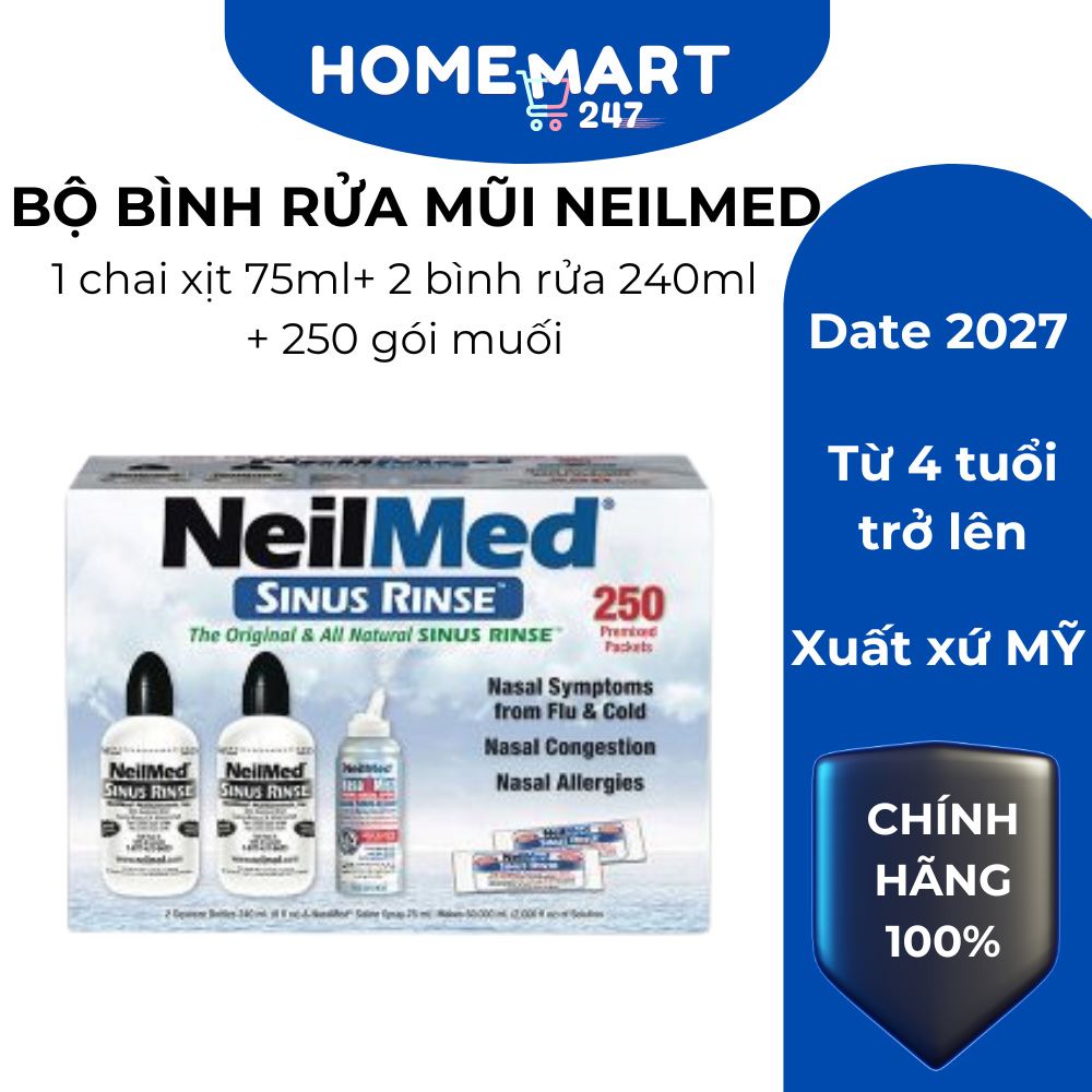 BỘ BÌNH RỬA MŨI NEILMED MỸ CHÍNH HÃNG KÈM 250 GÓI MUỐI DATE 2026-2027