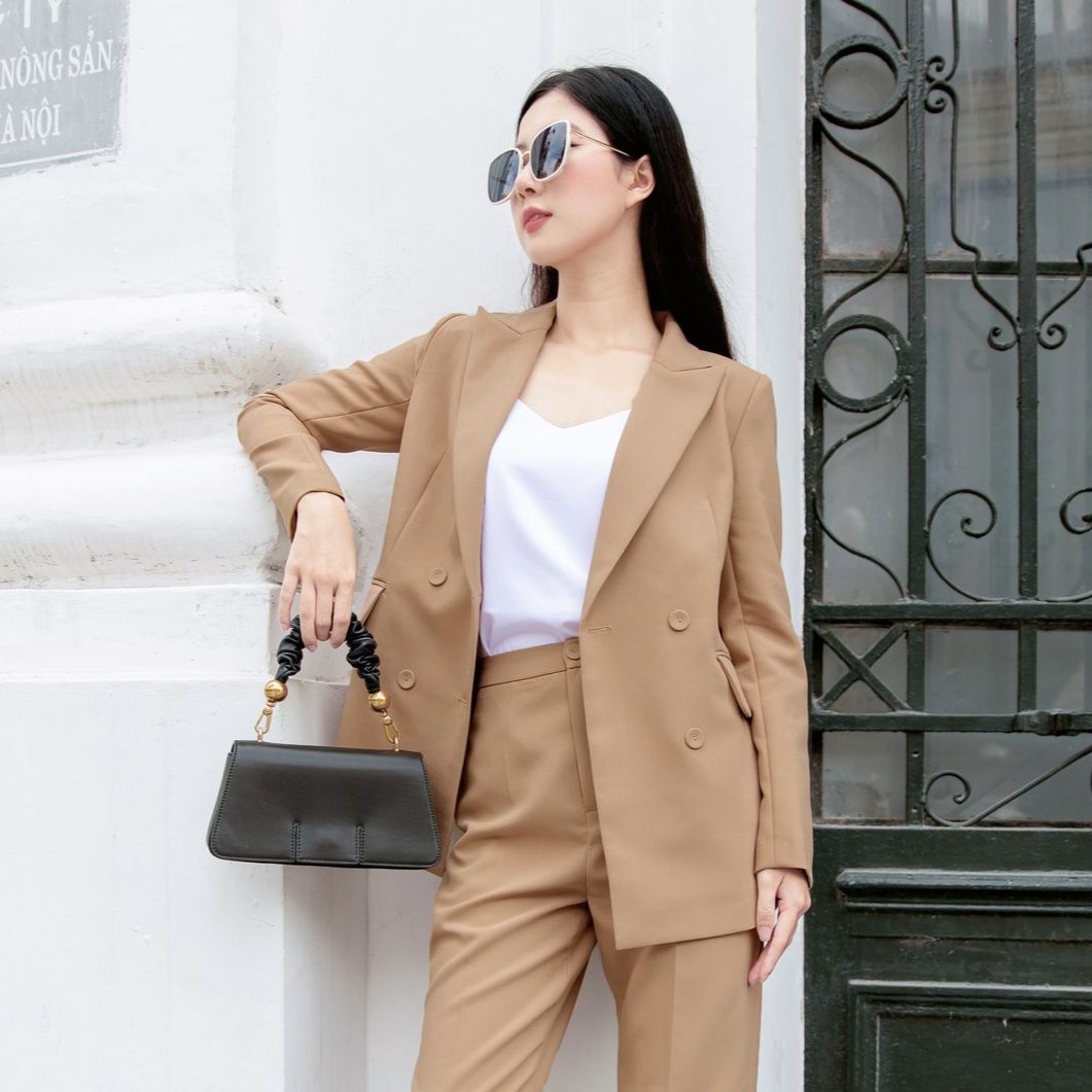 Maiimer - Áo blazer nâu cúc bọc Grace