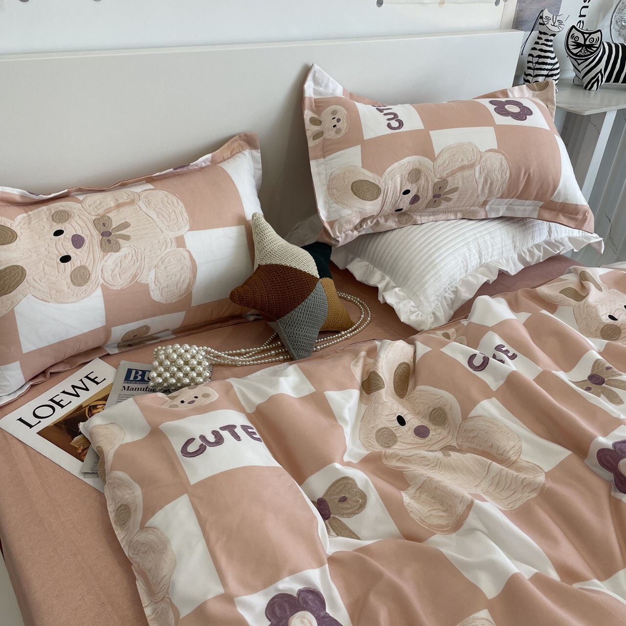 Bộ chăn ga gối cotton poly - Mẫu gấu hồng