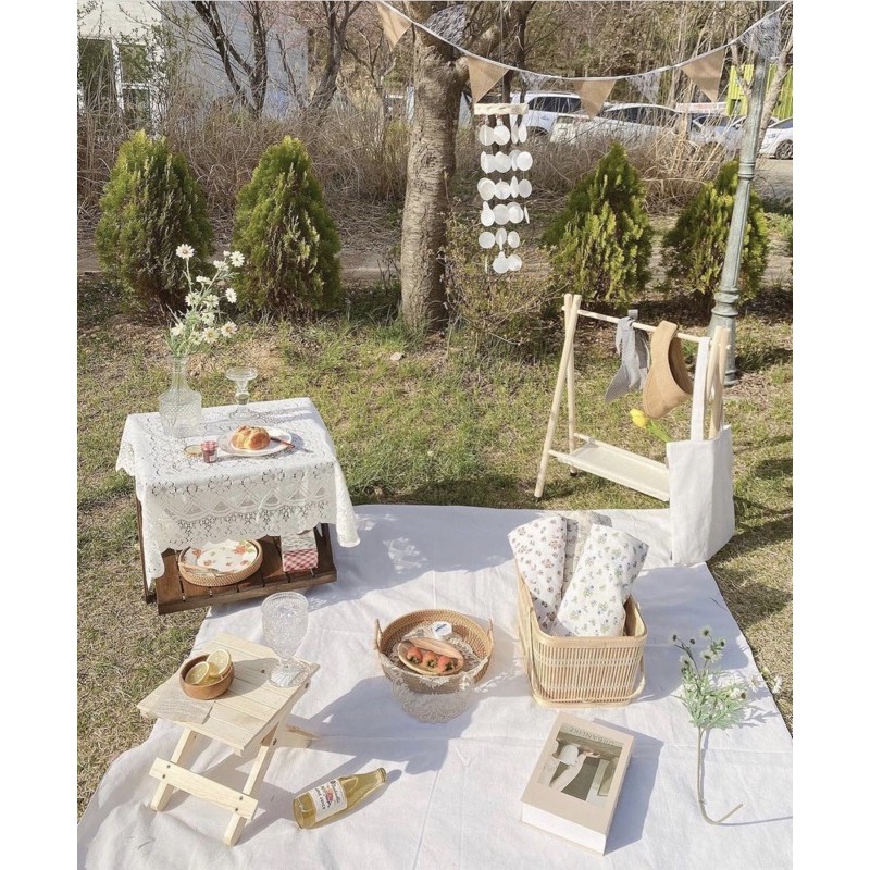 Khăn Picnic Vải Đũi Trắng, Khăn Trải Bàn, thảm decor chất đũi beochanchan