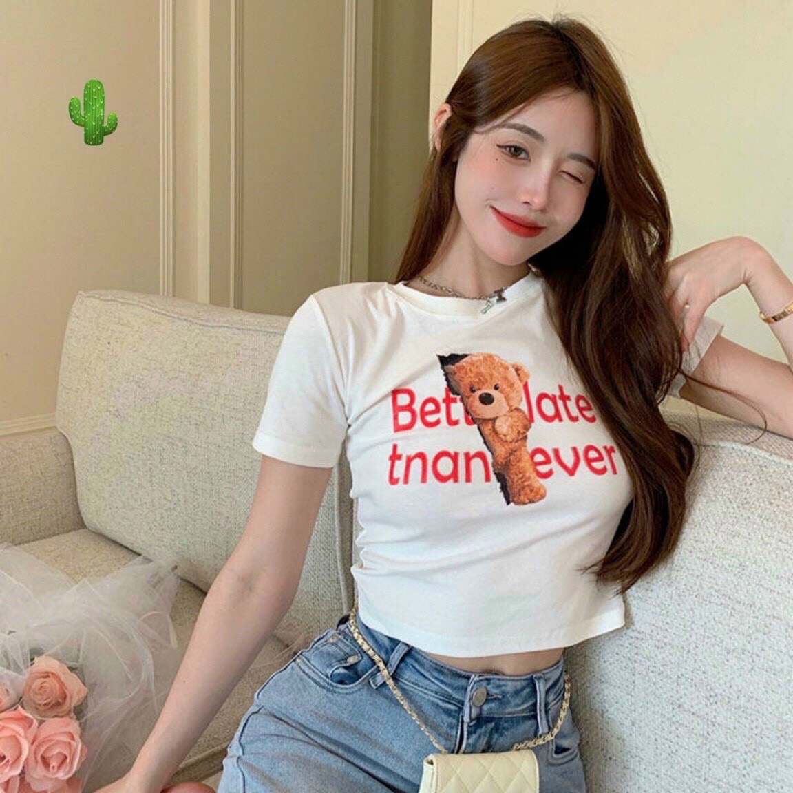 ÁO THUN CROPTOP CỔ TRÒN IN HÌNH GẤU