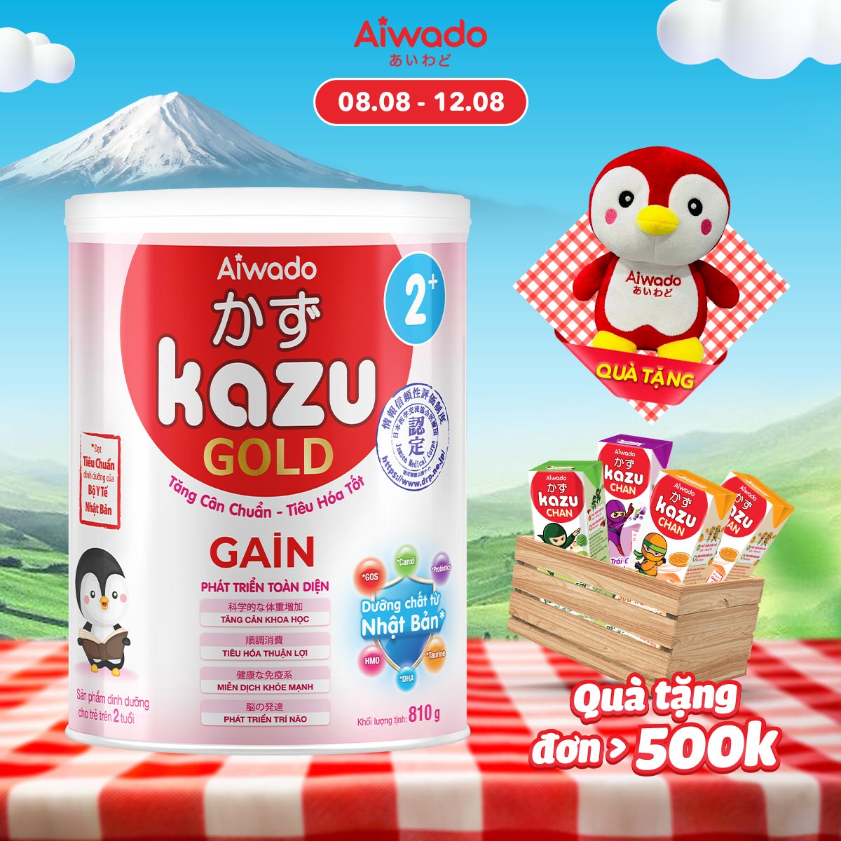Sữa bột Aiwado KAZU GAIN GOLD 2+ 810g trên 24 tháng - Tinh tuý dưỡng chất