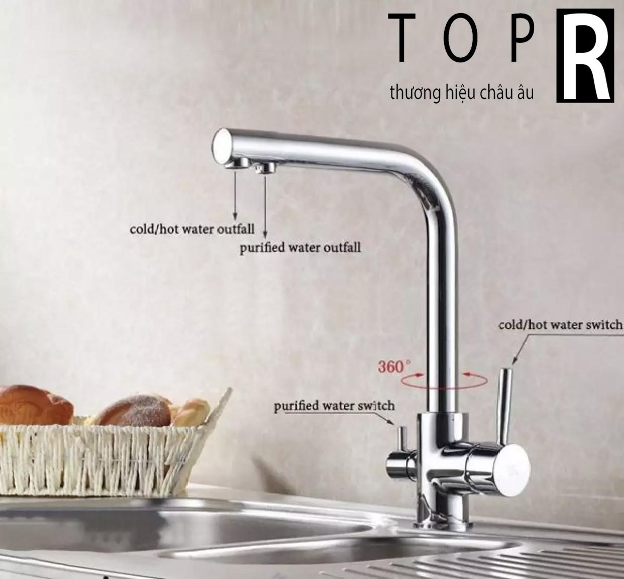 Vòi rửa bát nóng lạnh 3 đường nước TOP R - Tặng 2 dây cấp và băng tan - V301