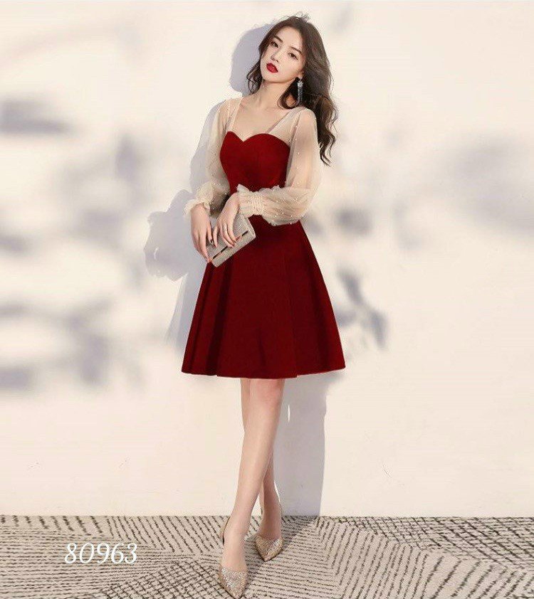 Đầm xòe tay dài phối lưới - HN