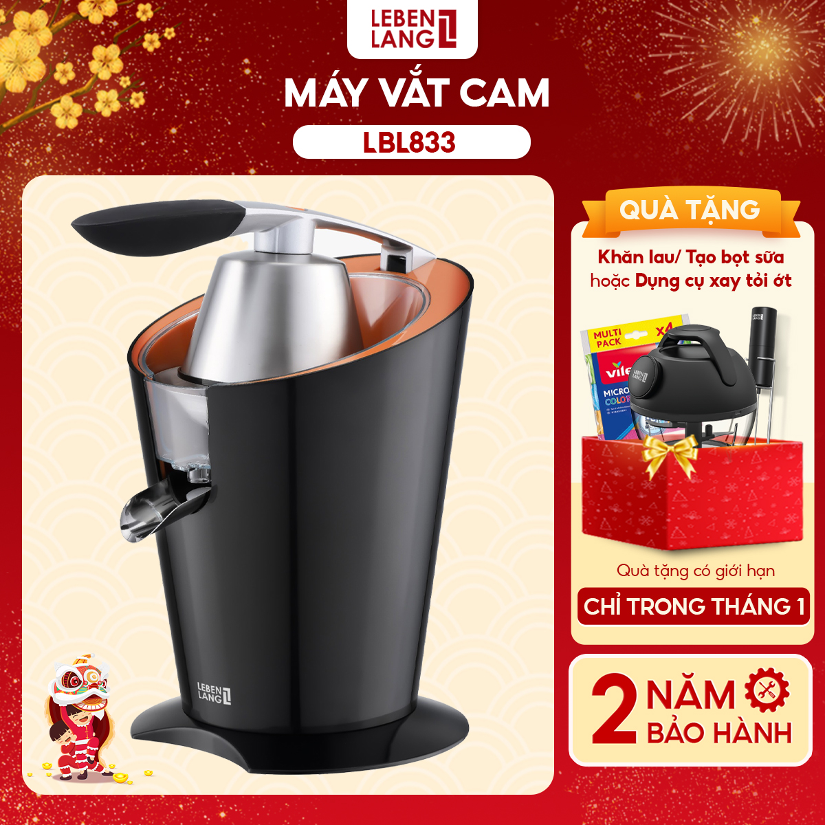 Máy vắt cam, ép cam LEBENLANG LBC388 đầu vắt inox 304, công suất 600W, dung tích 400ml, vòi rót trực tiếp khi vắt - hàng chính hãng