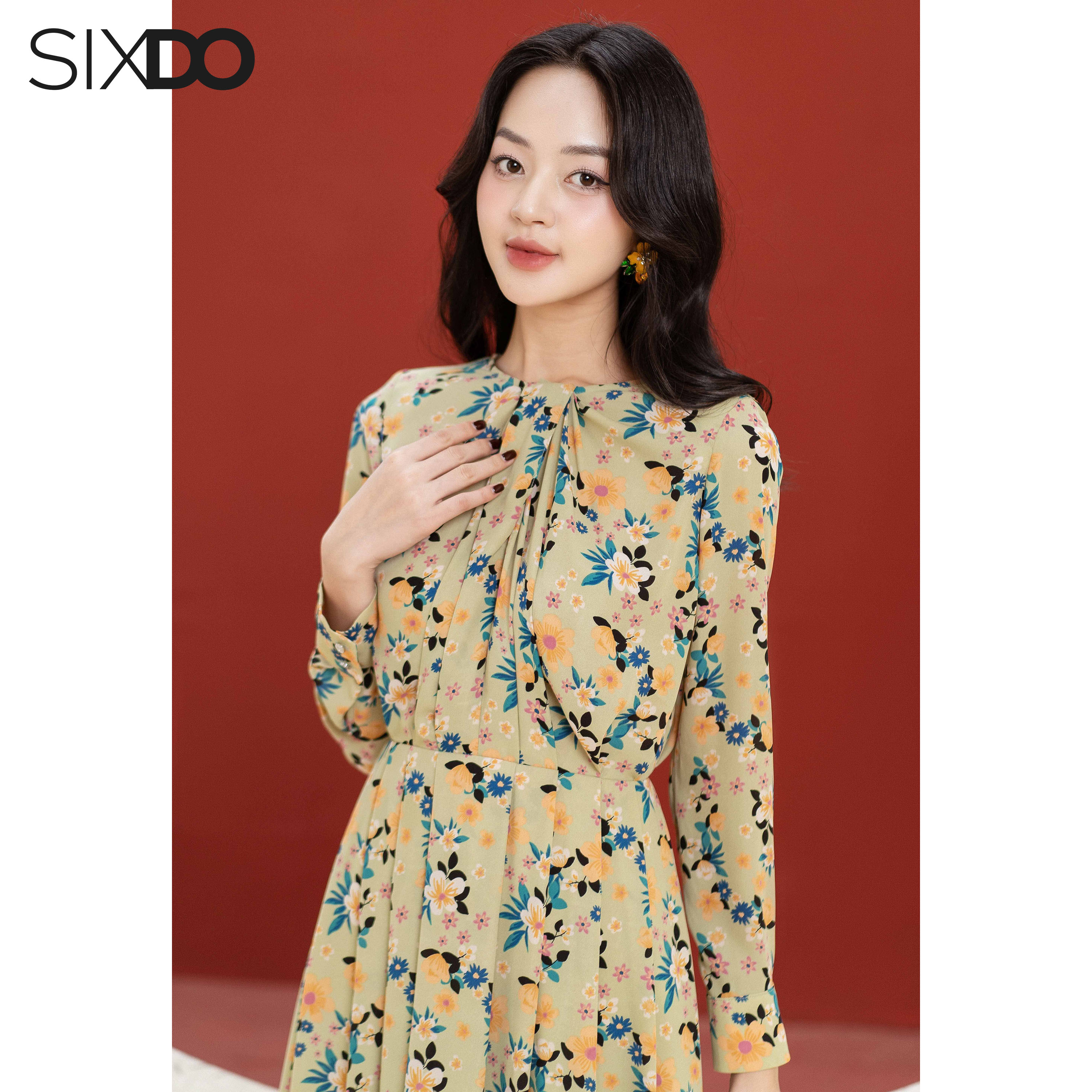 Đầm hoa chiffon xếp ly dài tay SIXDO