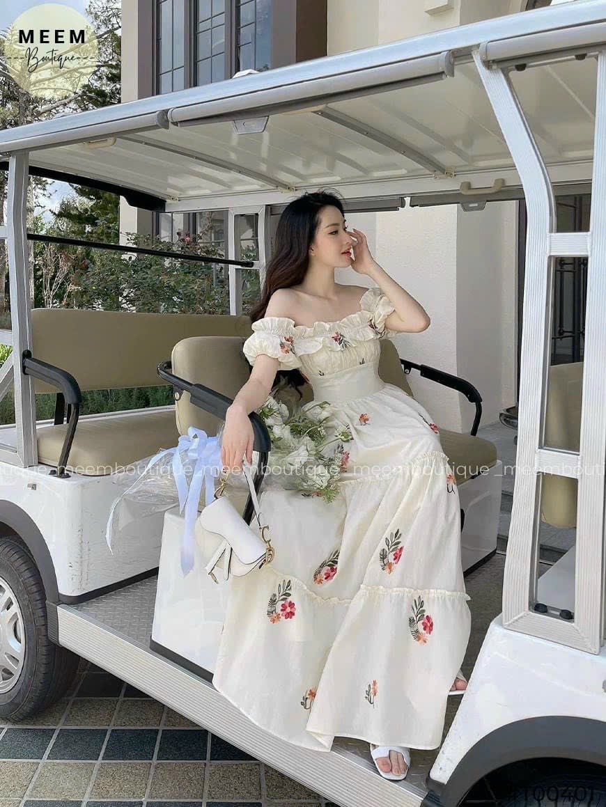 đầm dáng dài dự tiệc trễ vai, ( có mút) chất lụa hoa siêu xinh