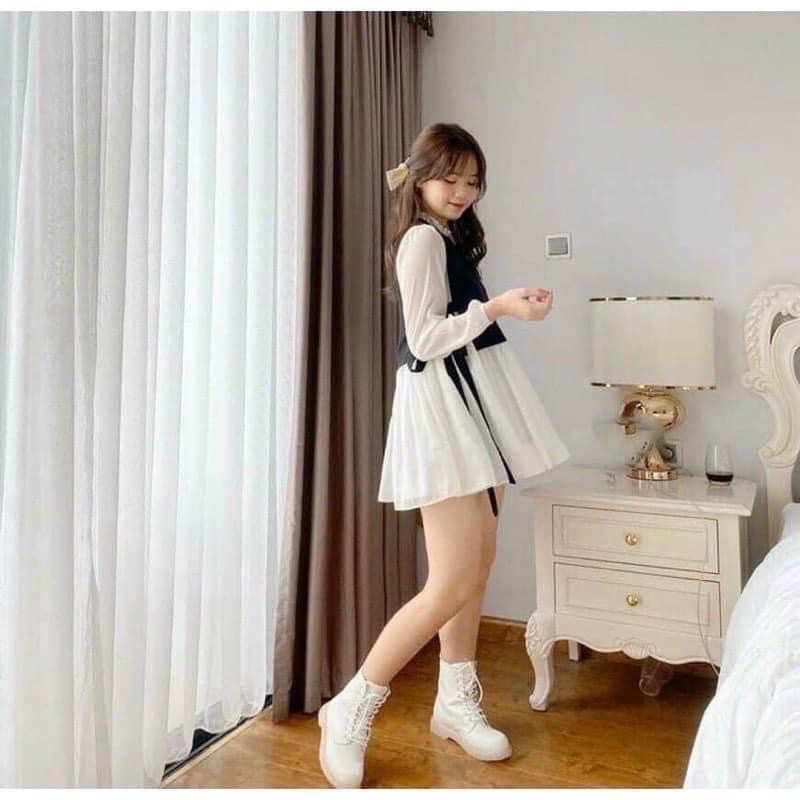 Set Váy Yếm Áo Gile Buộc Nơ Eo Hàn Quốc (Hình Thật/ Sẵn)