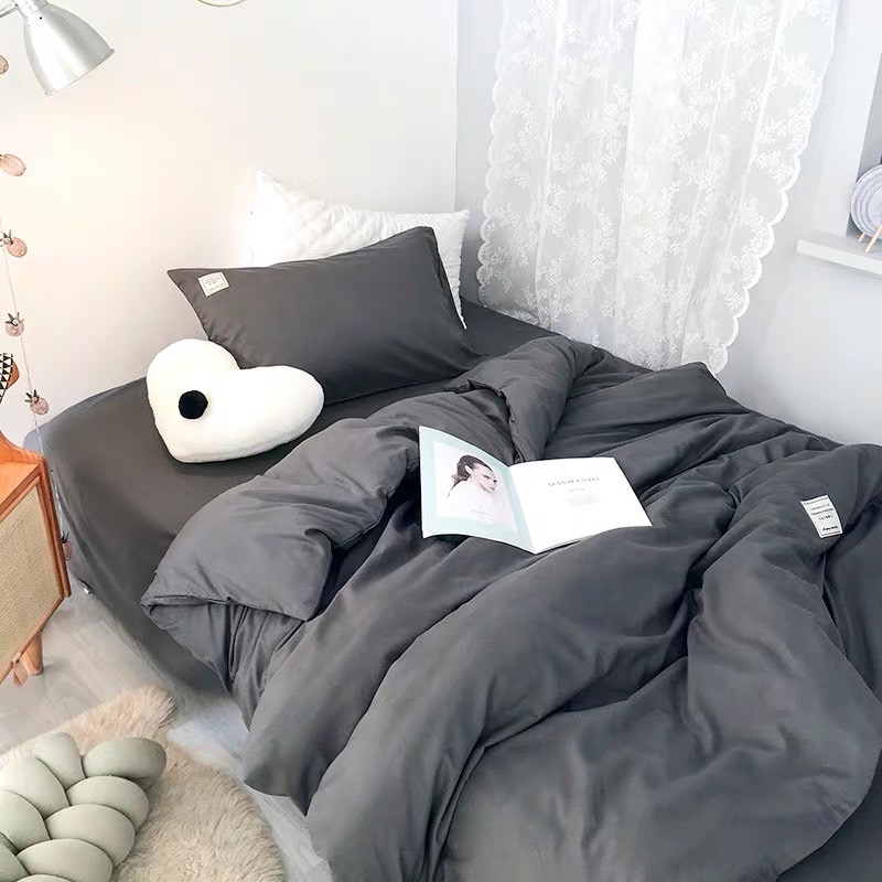 Bộ chăn ga gối Cotton phong cách Hàn Quốc Basic đen + ruột chăn dày.