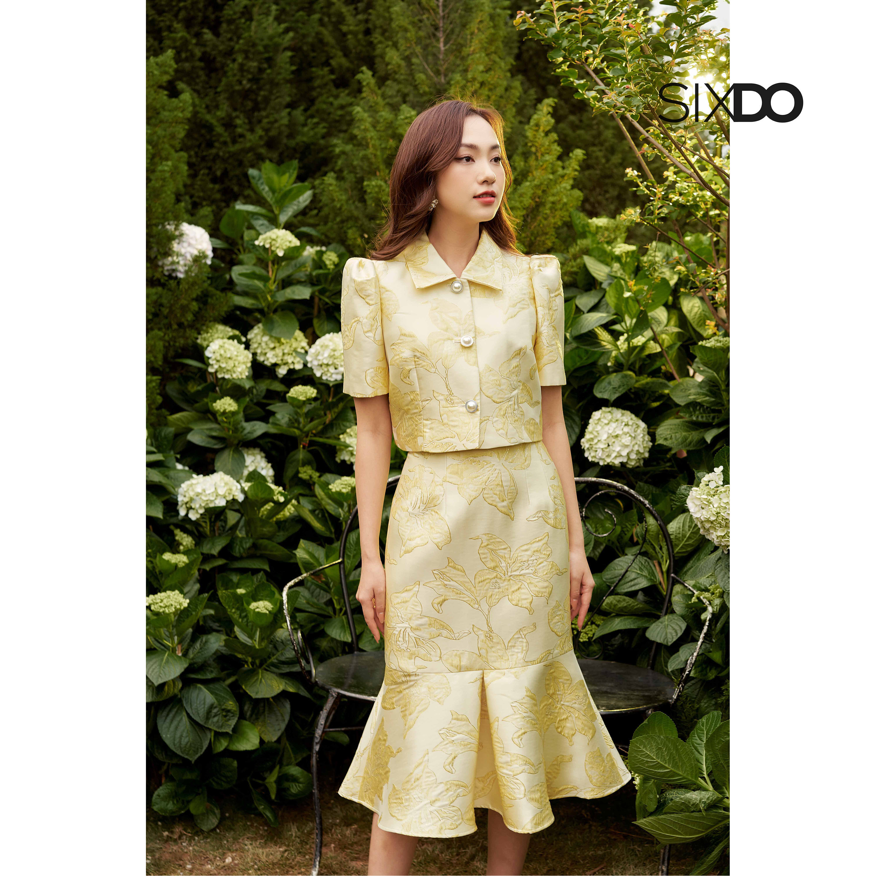 Chân váy gấm đuổi cá SIXDO (Light Yellow Lily Midi Brocade Skirt)