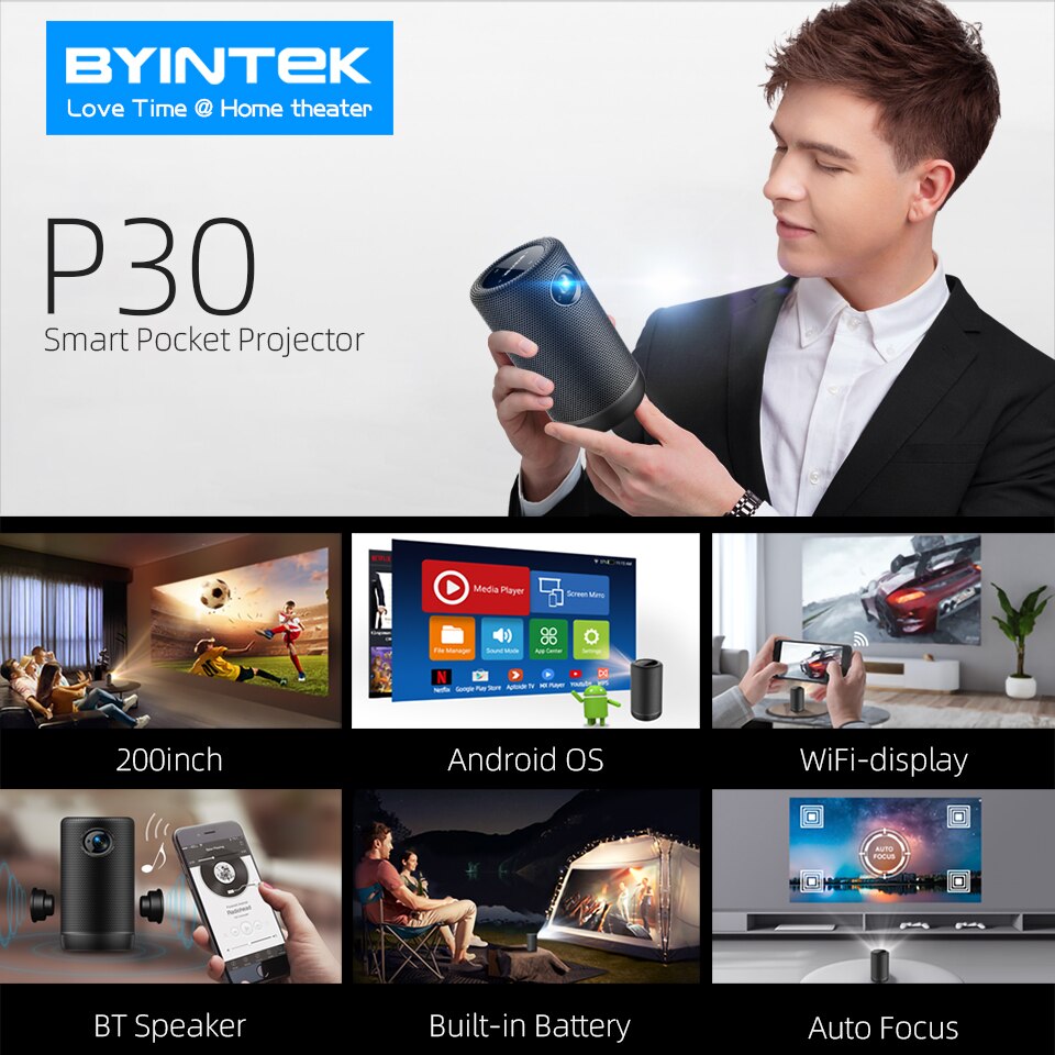 Máy chiếu Mini Byintek P30 – 6000 Lumens, HD, Android, Pin 3200 mAh
