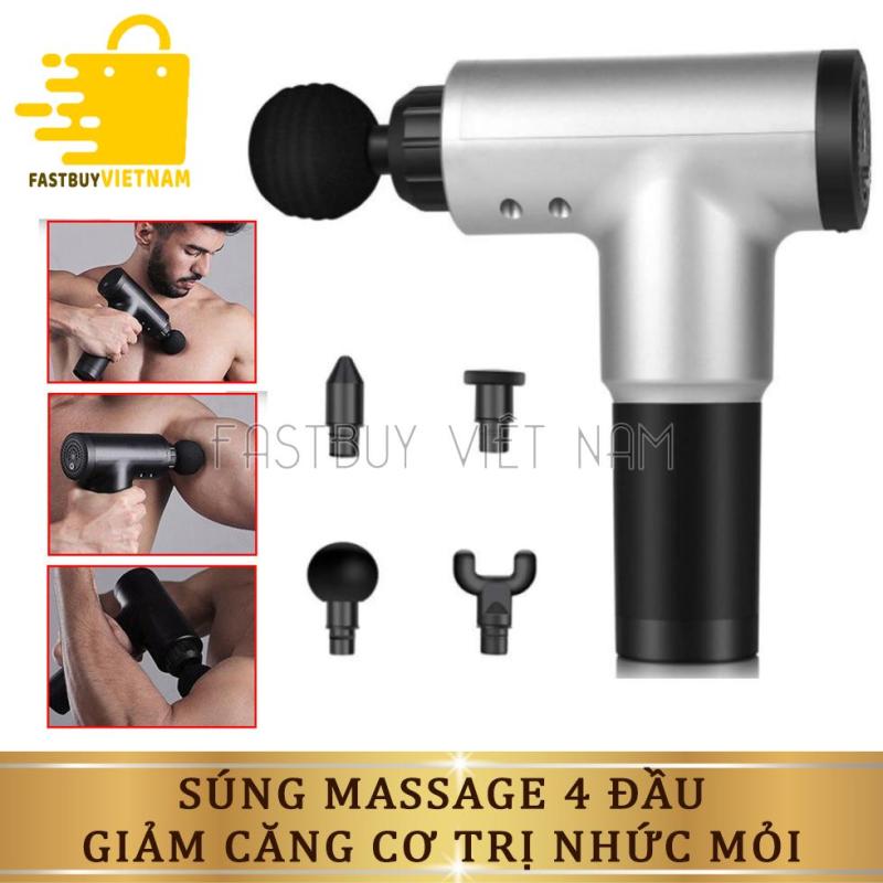 Máy massage cầm tay Fascial Gun cao cấp 4 đầu 6 chế độ rung - Súng massage toàn thân giảm căng cơ trị nhức mỏi vai gáy