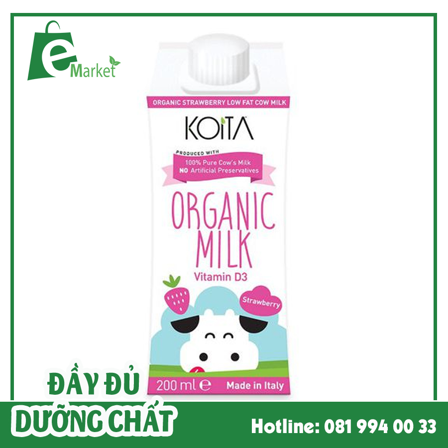Sữa bò hữu cơ vị dâu ít béo Koita (200ml)