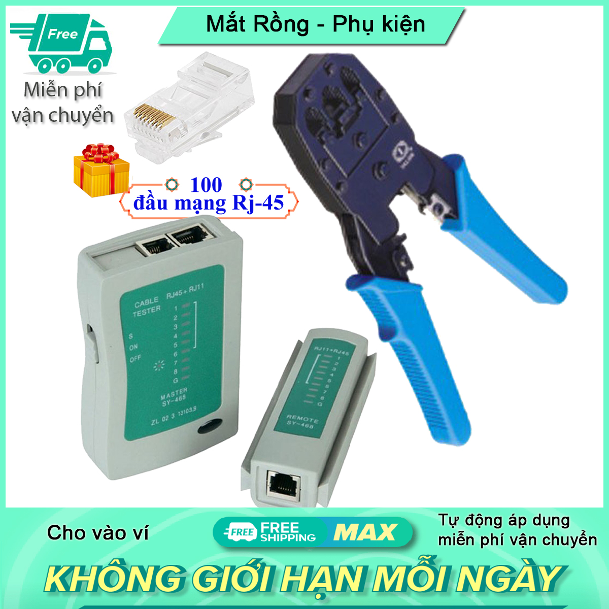 [Tặng 100 đầu mạng] Bộ kìm bấm đầu mạng RJ-45 và hộp test cable