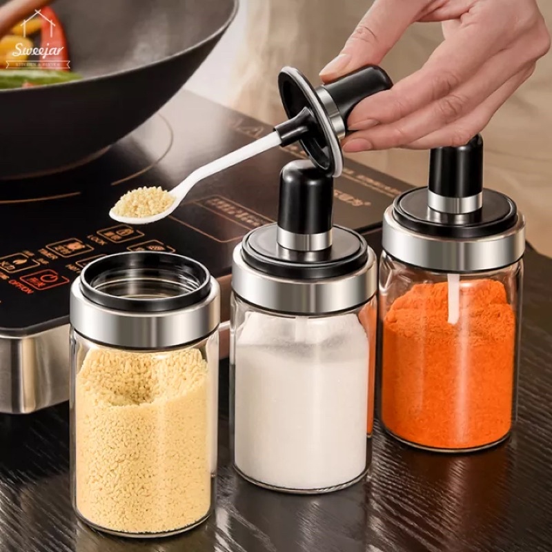Combo 4 Lọ đựng gia vị thủy tinh có thìa múc 250ml tiện dụng cho nhà bếp - COMBO 4 Hũ đựng gia vị có thìa thông minh - bộ 4 hủ đựng gia vị thủy tinh - lọ đựng gia vị