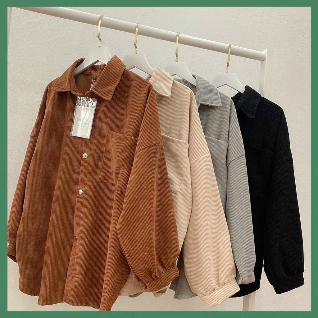 Áo sơ mi nữ , sơ mi dáng dài phom rộng chất nhung tăm 4 màu