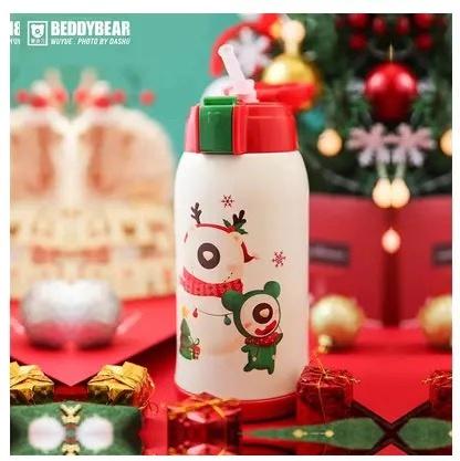 Hàn Quốc BEDDYBEAR Trẻ Em Ống Hút Cốc Giữ Nhiệt Noel Quà Tặng Cốc Nước Hạn Chế Trẻ Em Xách Tay Chống Rò Rỉ Cốc Inox