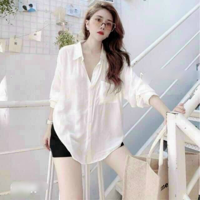 Áo so mi phom rộng nữ đũi mát