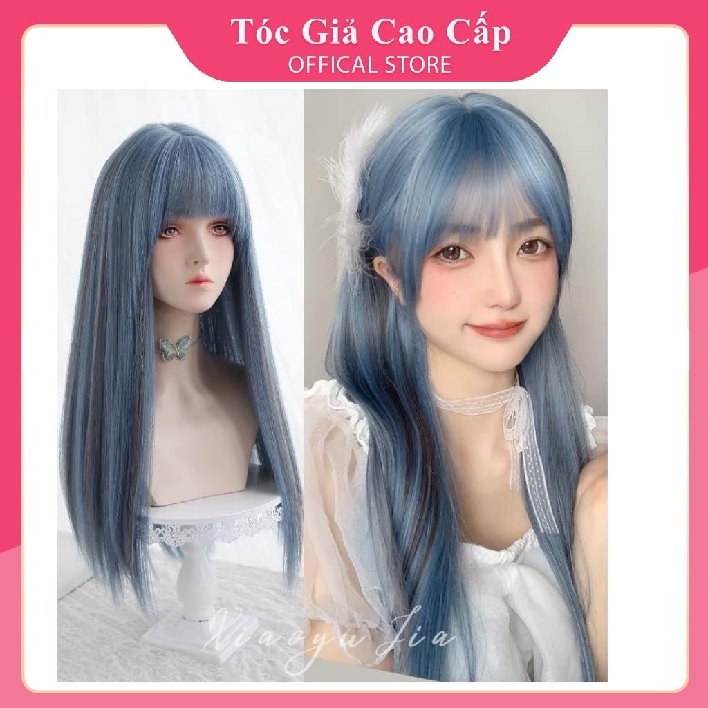 Tóc giả nữ nguyên đầu màu xanh phối line, tặng kèm lưới trùm tóc.