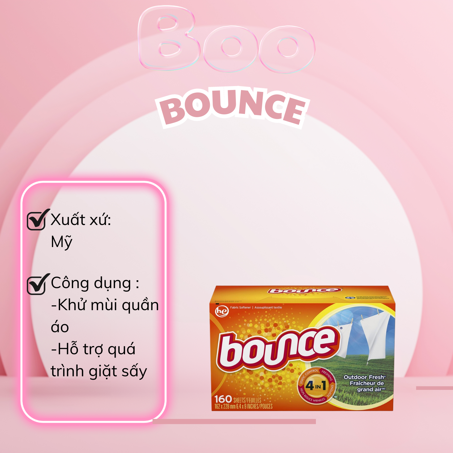 Giấy thơm quần áo bounce mỹ hộp 160 tờ