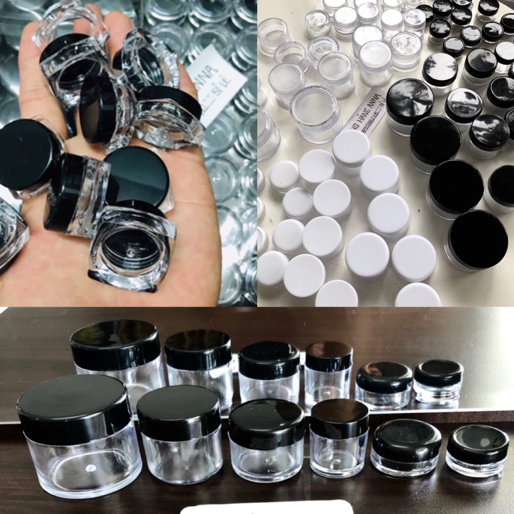 Vỉ 100 hủ nhựa cứng nhỏ trong suốt nắp đen 3gr/ 5gr/ 10gr   - Hủ Nhựa Vuông- combo 100 hủ kiếng nắp đen nhỏ- hủ mỹ phẩm