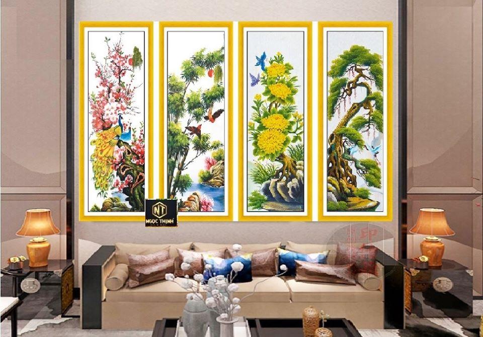 Tranh thêu chữ thập bộ tứ Đào Trúc Cúc Tùng MN0122 kích thước 146x100cm
