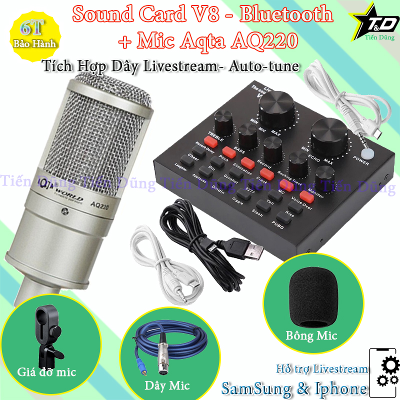 Mic thu âm Aqta AQ220 với Sound card v8 auto-tune dòng tiếng anh- bộ mic về live stream và thu âm được