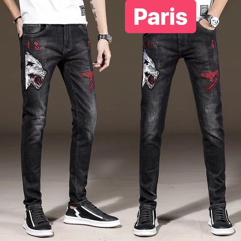 QUẦN JEAN NAM CHẤT BÒ ĐEN THÊU BẠCH SÓI HỒ LY TREND MỚI PR-CJ-446 CAO CẤP - PARIS FASHION