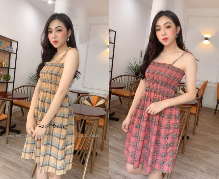 Đầm caro hai dây nhúng ngực bo eo dễ thương
