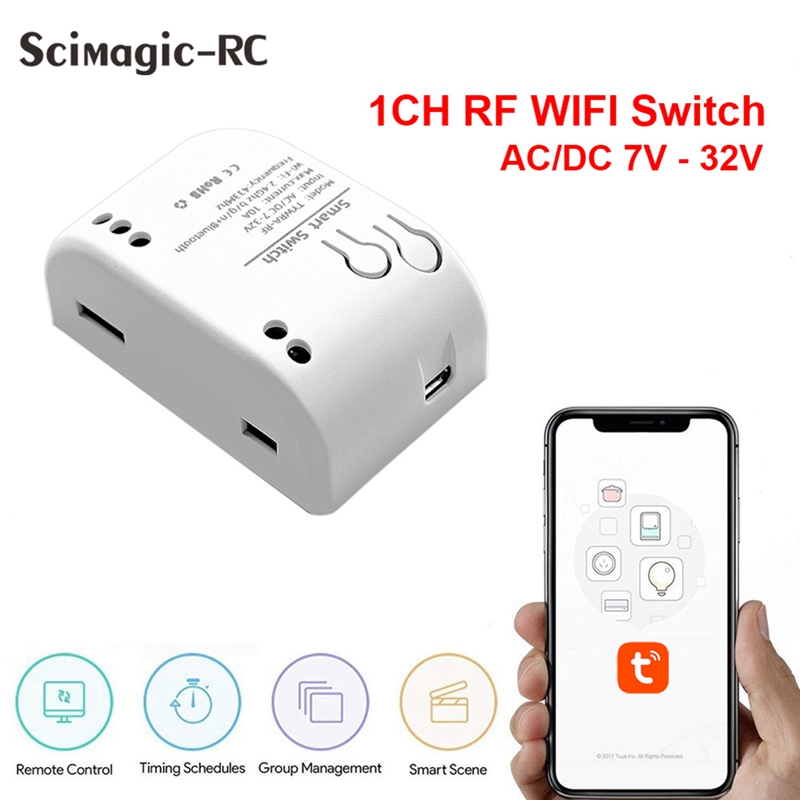 1CH RF Smart Switch 7-32V AC DC WIFI Tuya Remote Control 433 Light Switch 10A Rele Relay Self-Locking Interlock Inching