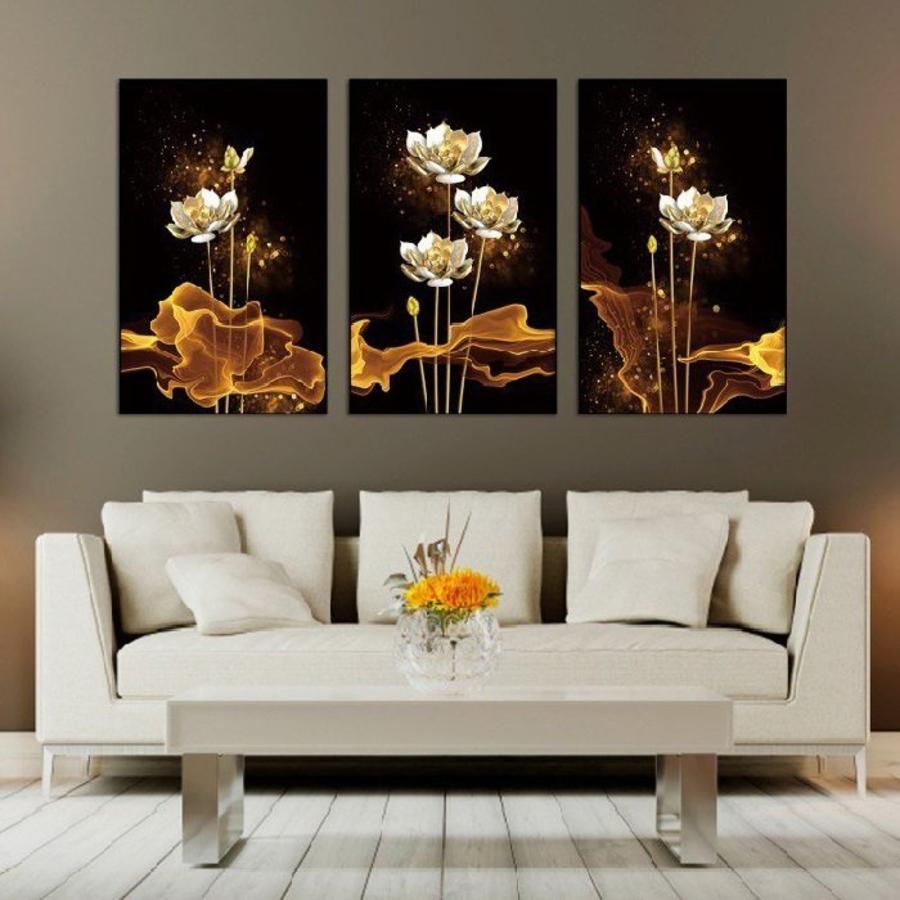 Lalashop - Tranh Hoa sen treo tường phòng khách có khung trang trí decor phòng khách phòng bộ 3 bức Tranh Canvas Tráng gương treo tường Hoa Sen nghệ thuật 3d hiện đại