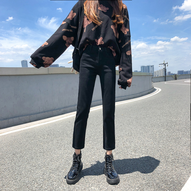 Quần jeans nữ ống đứng lưng cao màu đen