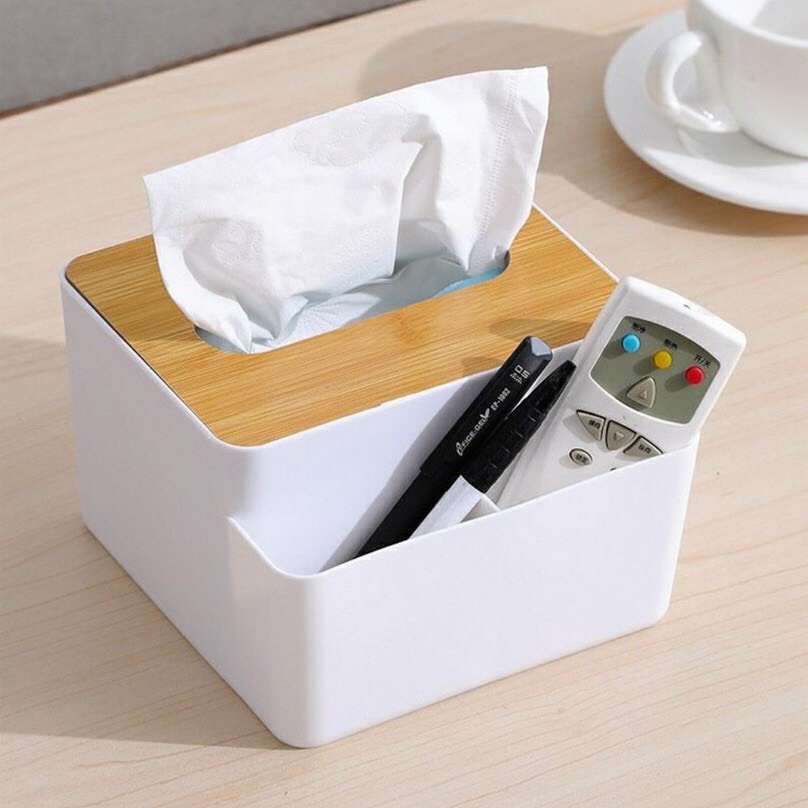 Hộp Khăn Giấy Nắp Gỗ 3 Ngăn Hộp Đựng Giấy Ăn Để Bàn