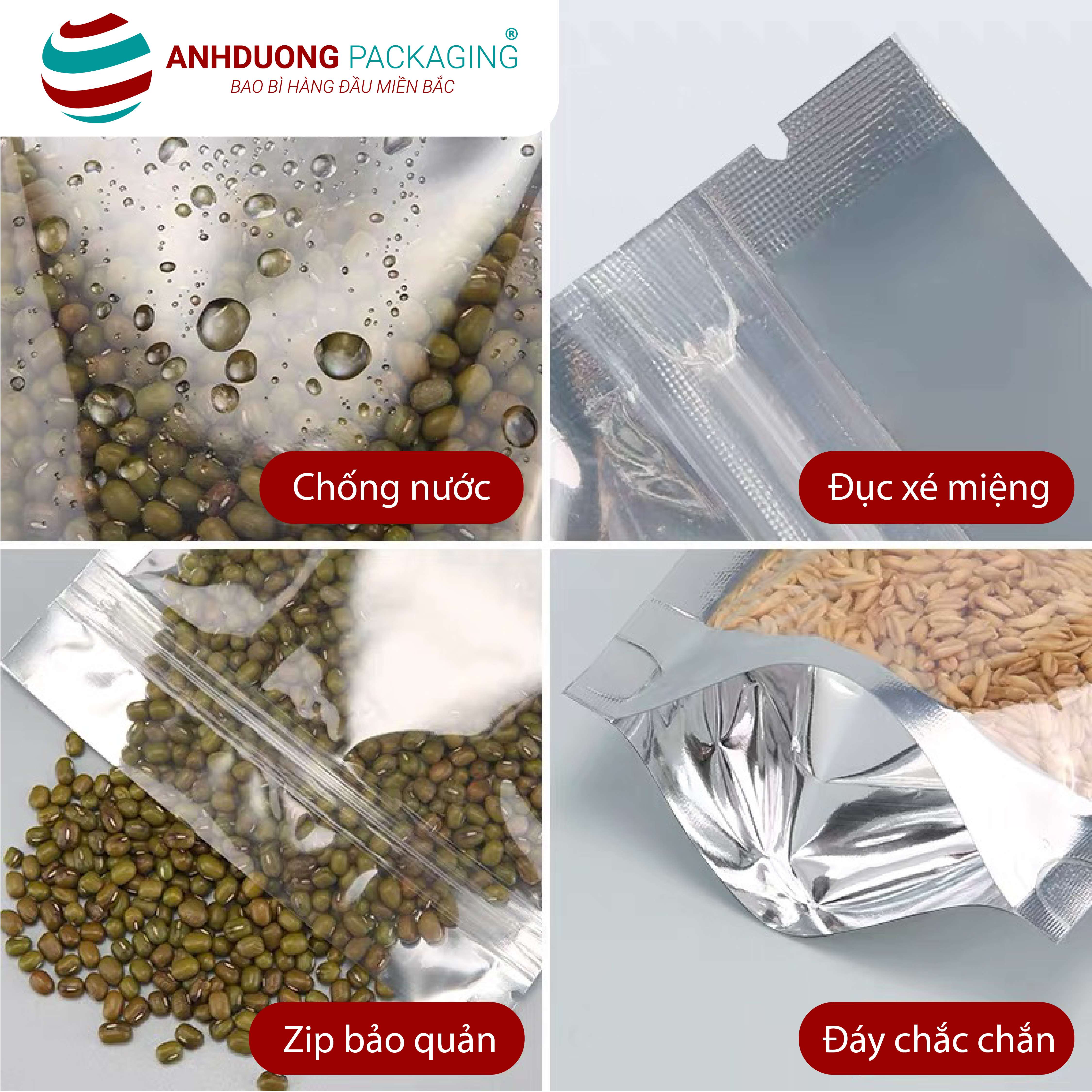 100 chiếc túi zip đáy đứng một mặt bạc đựng thực phẩm