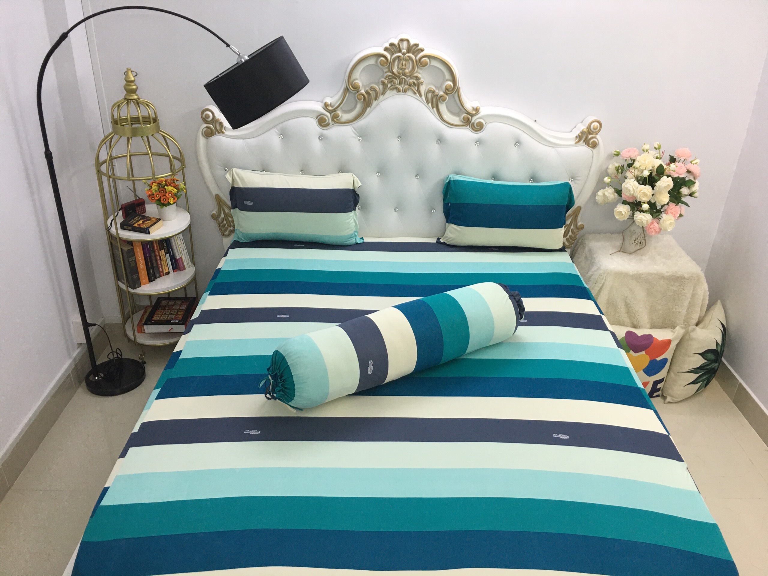 Bộ ga giường - drap thun Hàn mẫu cầu vòng (1 ga nệm, 2 vỏ gối nằm, 1 vỏ gối ôm)