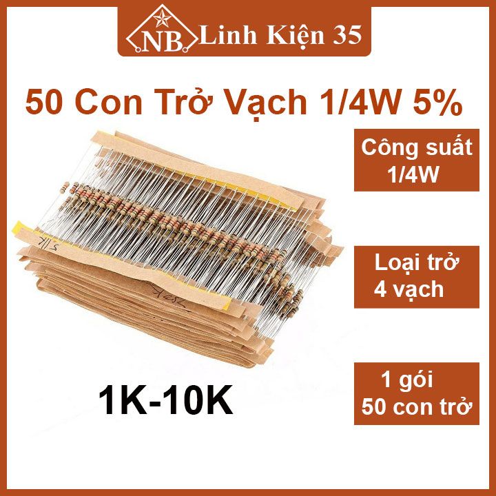 Trở vạch 1/4w 5% giá trị điện trở 1k2 → 10k