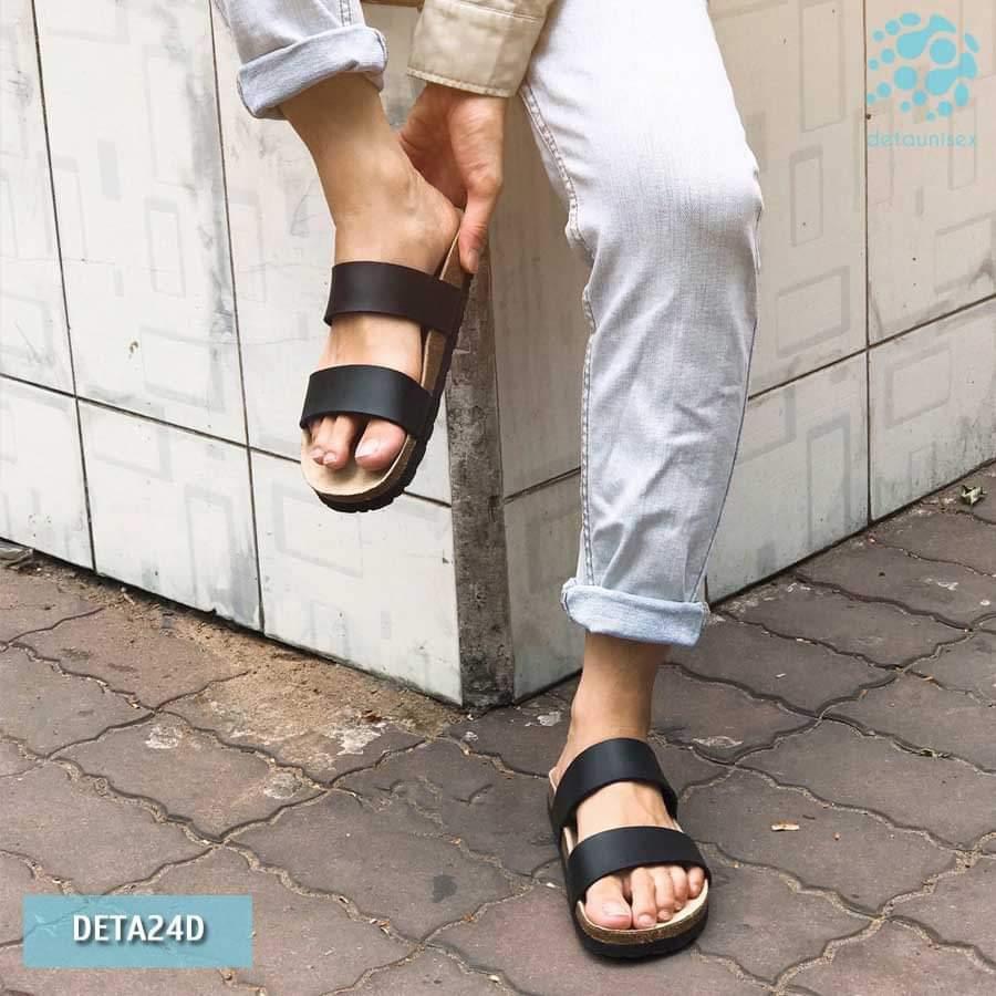 Dép đế trấu unisex 2 quai da pu đen