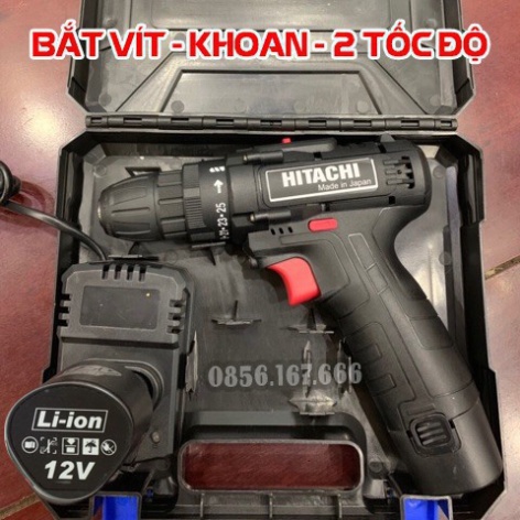 Máy khoan tay bắt vít hitachi pin 12v 2 pin, máy khoan pin 12v 100% lõi đồng 2 cấp độ có đèn