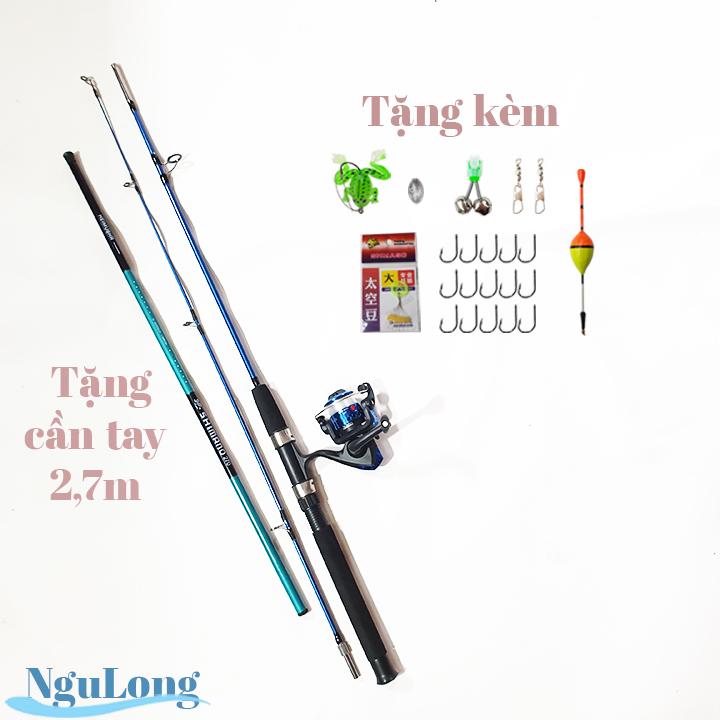 Cần câu 2 khúc đặc shimano cỡ từ 1,65m đến 2,1m + kèm máy + cần tay + phụ kiện