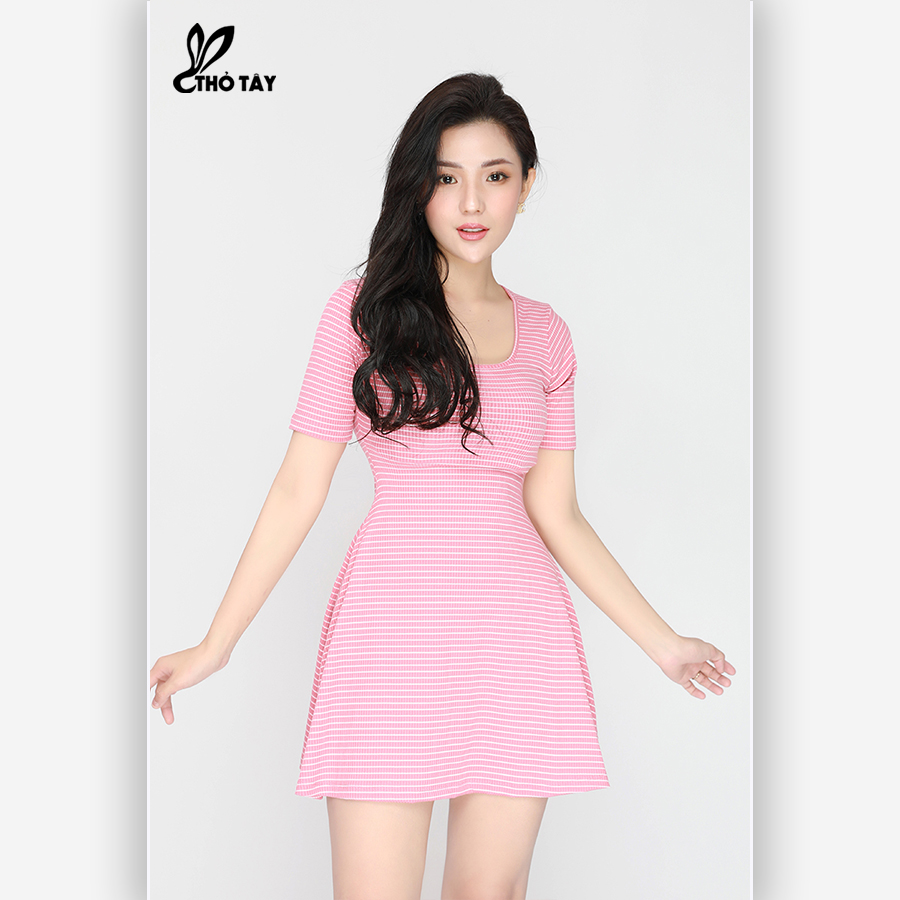 Đầm Xòe Thun Sọc Cổ U - THỎ TÂY D298B375