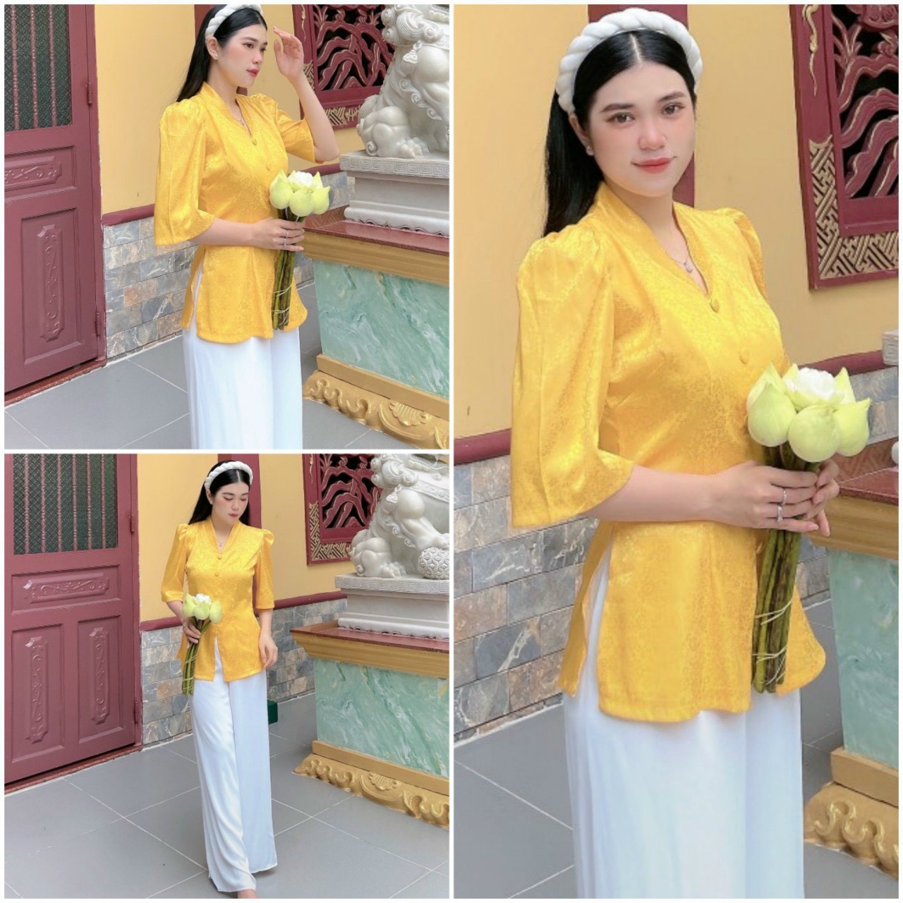 Áo bà ba gấm cổ tim tay phồng