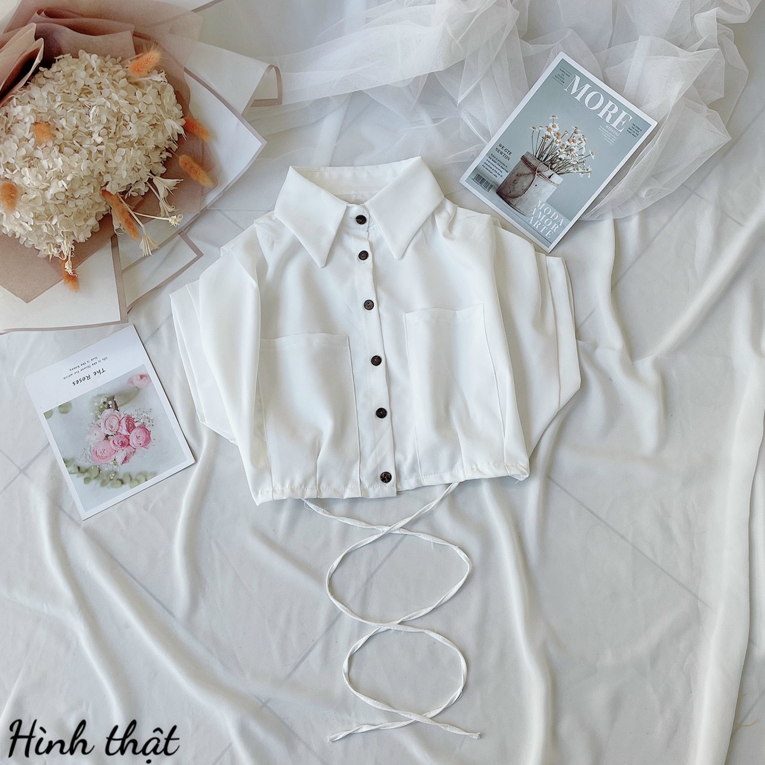 Hot 🔥🔥🔥 Áo sơ mi croptop dây chéo bụng (dưới 48kg) - Ảnh thật