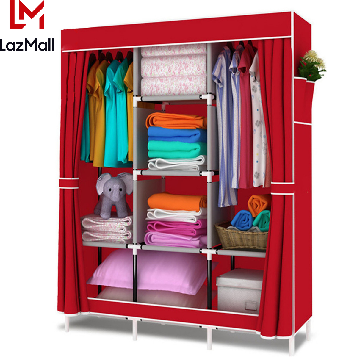 [LOẠI XUẤT KHẨU - MÀU ĐỎ] Tủ Quần Áo 3 Buồng 8 Ngăn Tiện Lợi, Tủ Vải 170cm Chất Lượng Cao Chắc Chắn, Vững Chãi, tủ đựng quần áo bằng vải, tủ vải đựng quần áo - Hàng Chính Hãng DODODIOS