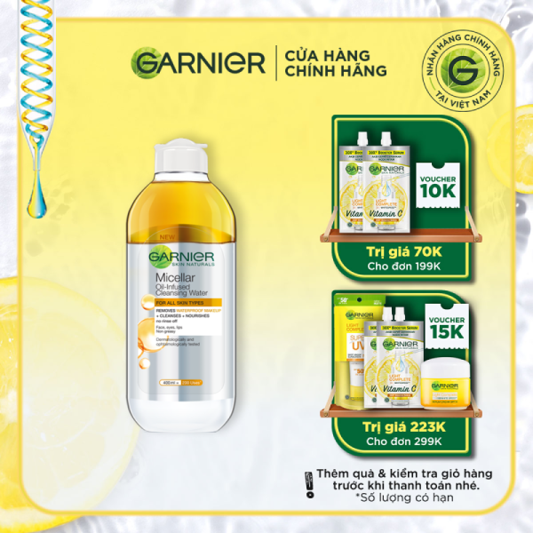 Nước làm sạch và tẩy trang cho da khô & trang điểm lâu trôi Garnier Micellar Water Oil-Infused 400ml